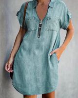 Women's Denim Dress Casual Turndown Zipper Short Sleeve Solid Color Knee-length Street main image 3