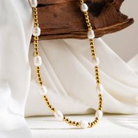 Ig Style Sweet Oval Stainless Steel Freshwater Pearl Beaded Handmade 18k Gold Plated Necklace sku image 2