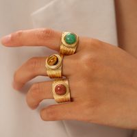 Classical Vintage Style Solid Color Stainless Steel Plating Inlay Natural Stone 18k Gold Plated Open Rings main image 1