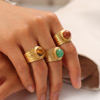 Classical Vintage Style Solid Color Stainless Steel Plating Inlay Natural Stone 18k Gold Plated Open Rings main image 5