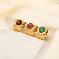 Classical Vintage Style Solid Color Stainless Steel Plating Inlay Natural Stone 18k Gold Plated Open Rings main image 4