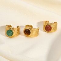 Classical Vintage Style Solid Color Stainless Steel Plating Inlay Natural Stone 18k Gold Plated Open Rings main image 3