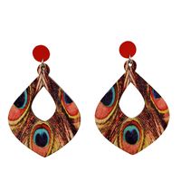 1 Pair Bohemian Water Droplets Feather Stoving Varnish Hollow Out Wood Drop Earrings main image 4