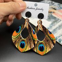 1 Pair Bohemian Water Droplets Feather Stoving Varnish Hollow Out Wood Drop Earrings sku image 5