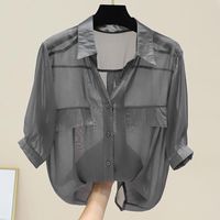Women's Chiffon Shirt Short Sleeve Blouses Fake Pockets Front Button Casual Simple Style Simple Solid Color sku image 4