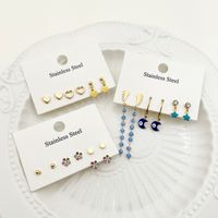 1 Set French Style Sweet Simple Style Geometric Tassel Heart Shape Plating Inlay 304 Stainless Steel Natural Stone Pearl Zircon 14K Gold Plated Ear Studs main image 4