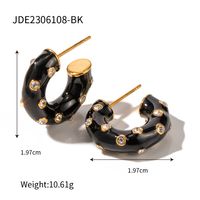 1 Pair Ig Style C Shape Enamel Plating Inlay Stainless Steel Artificial Diamond 18k Gold Plated Ear Studs sku image 2