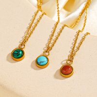 304 Stainless Steel 18K Gold Plated Simple Style Streetwear Plating Inlay Round Malachite Turquoise Pendant Necklace main image 4