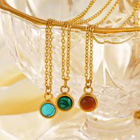 304 Stainless Steel 18K Gold Plated Simple Style Streetwear Plating Inlay Round Malachite Turquoise Pendant Necklace main image 3