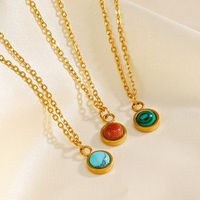 304 Stainless Steel 18K Gold Plated Simple Style Streetwear Plating Inlay Round Malachite Turquoise Pendant Necklace main image 1