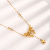 Cute Sweet Heart Shape Bow Knot Elk Titanium Steel Plating Inlay Resin Pearl Zircon Gold Plated Pendant Necklace main image 6