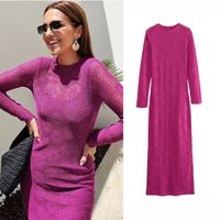 Women's Sheath Dress Sexy Round Neck Hollow Out Long Sleeve Solid Color Maxi Long Dress Street main image 6