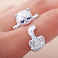 Mignon Chat Plaqué Argent Strass Alliage De Gros Anneau Ouvert main image 1