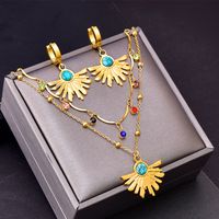 304 Stainless Steel 18K Gold Plated Retro Inlay Round Turquoise Glass Stone Earrings Necklace main image 1