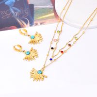 304 Stainless Steel 18K Gold Plated Retro Inlay Round Turquoise Glass Stone Earrings Necklace main image 3