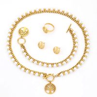 Wholesale Jewelry Lady Tree Artificial Pearl Titanium Steel Beaded Rings Earrings Necklace sku image 9