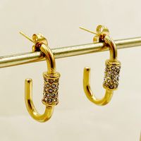 1 Pair Retro French Style C Shape Plating Inlay 304 Stainless Steel Zircon 14K Gold Plated Ear Studs main image 4