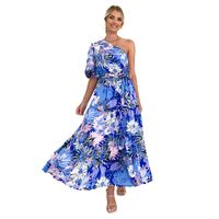 Frau Swing-kleid Ferien Schräger Kragen Drucken Kurzarm Blume Maxi Langes Kleid Ferien main image 6