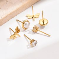 3 Pairs Sweet Simple Style Pearl Dragonfly Plating Inlay 304 Stainless Steel Artificial Pearls Zircon 14K Gold Plated Ear Studs main image 1