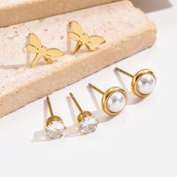 3 Pairs Sweet Simple Style Pearl Dragonfly Plating Inlay 304 Stainless Steel Artificial Pearls Zircon 14K Gold Plated Ear Studs main image 3