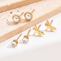 3 Pairs Sweet Simple Style Pearl Dragonfly Plating Inlay 304 Stainless Steel Artificial Pearls Zircon 14K Gold Plated Ear Studs main image 4