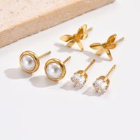 3 Pairs Sweet Simple Style Pearl Dragonfly Plating Inlay 304 Stainless Steel Artificial Pearls Zircon 14K Gold Plated Ear Studs main image 2