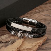 Casual Classical Solid Color Anchor Stainless Steel Pu Leather Handmade Men's Bangle main image 4