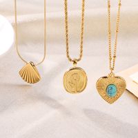 Casual Elegant Heart Shape Flower Shell Stainless Steel Plating Inlay Turquoise 18k Gold Plated Pendant Necklace main image 1