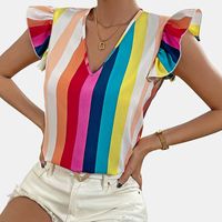Women's Blouse Short Sleeve Blouses Ruffles Casual Rainbow Stripe main image 4