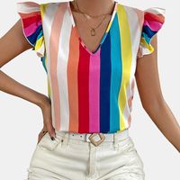 Women's Blouse Short Sleeve Blouses Ruffles Casual Rainbow Stripe main image 2