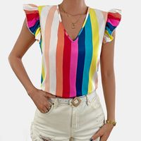 Women's Blouse Short Sleeve Blouses Ruffles Casual Rainbow Stripe main image 5