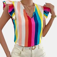 Women's Blouse Short Sleeve Blouses Ruffles Casual Rainbow Stripe main image 1