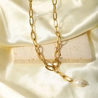 201 Stainless Steel Freshwater Pearl 18K Gold Plated Baroque Style Commute Beaded Plating Solid Color Sweater Chain Necklace main image 4