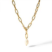 201 Stainless Steel Freshwater Pearl 18K Gold Plated Baroque Style Commute Beaded Plating Solid Color Sweater Chain Necklace main image 3