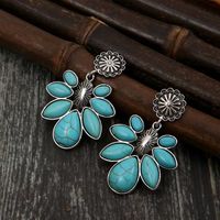 1 Pair Retro Ethnic Style Bohemian Flower Plating Inlay Alloy Turquoise Silver Plated Drop Earrings main image 3
