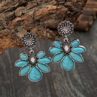 1 Pair Retro Ethnic Style Bohemian Flower Plating Inlay Alloy Turquoise Silver Plated Drop Earrings main image 5