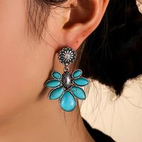 1 Paire Rétro Style Ethnique Bohémien Fleur Placage Incruster Alliage Turquoise Plaqué Argent Boucles D'oreilles main image 7