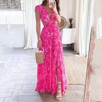 Femmes Robe Régulière Robes Maxi Décontractée Col En V Fente Froufrous Évider Sans Manches Couleur Unie Fleur Maxi Longue Robe Du Quotidien main image 4