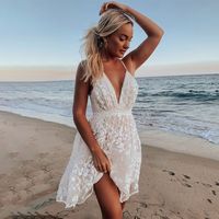 Women's Strap Dress Vacation V Neck Backless Sleeveless Solid Color Flower Above Knee Holiday Beach sku image 1