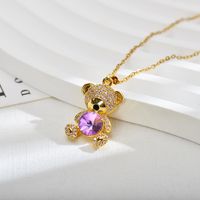 Cute Animal Bear Titanium Steel Copper Inlay Zircon Pendant Necklace sku image 1