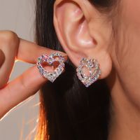 1 Pair Sweet Heart Shape Plating Inlay Alloy Rhinestones Silver Plated Ear Studs sku image 1