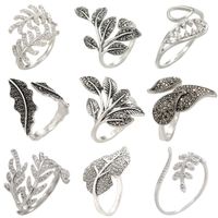 Antique Silver Elegant Leaf Inlay Zircon Open Rings main image 6