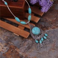Wholesale Jewelry Retro Exaggerated Leaves Elephant Alloy Plastic Iron Turquoise Plating Hollow Out Inlay Pendant Necklace main image 3
