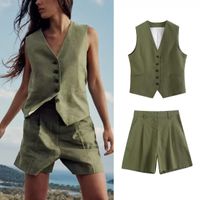 Women's Casual Solid Color Linen Polyester Button Shorts Sets main image 1