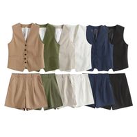 Women's Casual Solid Color Linen Polyester Button Shorts Sets main image 3