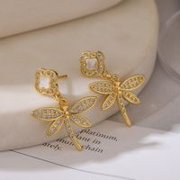 1 Pair Simple Style Commute Heart Shape Dragonfly Plating Inlay Copper Zircon 18k Gold Plated Drop Earrings main image 3