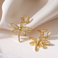 1 Pair Simple Style Commute Heart Shape Dragonfly Plating Inlay Copper Zircon 18k Gold Plated Drop Earrings main image 2
