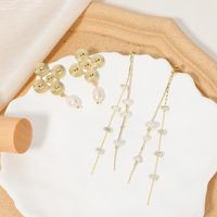 1 Pair Lady Cross Tassel Plating Inlay Stainless Steel Copper Artificial Pearls Gold Plated Drop Earrings main image 1