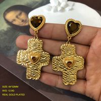 1 Pair Retro Lady Geometric Cross Heart Shape Plating Inlay Alloy Zircon Drop Earrings main image 3