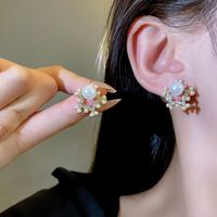 Fashion Flower Alloy Inlay Artificial Gemstones Pearl Women's Ear Studs 1 Pair sku image 6
